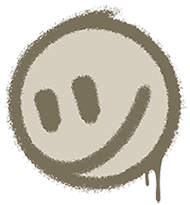 Spray-painted graffiti smiley face graphic in muted olive-grey with soft overspray edges and paint drips on the lower right corner.