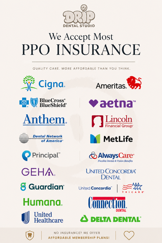 Infographic from Drip Dental Studio listing accepted PPO insurance providers, including logos for Cigna, Aetna, MetLife, Delta Dental, and BlueCross BlueShield.